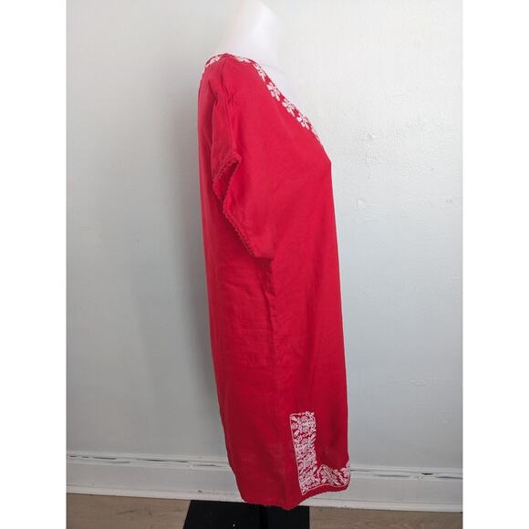 New Zara Basic Size Large Embroidered Shift Dress Red White Linen Short Sleeves - Picture 9 of 16